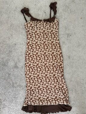 Commense NWT Brown Floral Ruffle-Trim Midi Dress